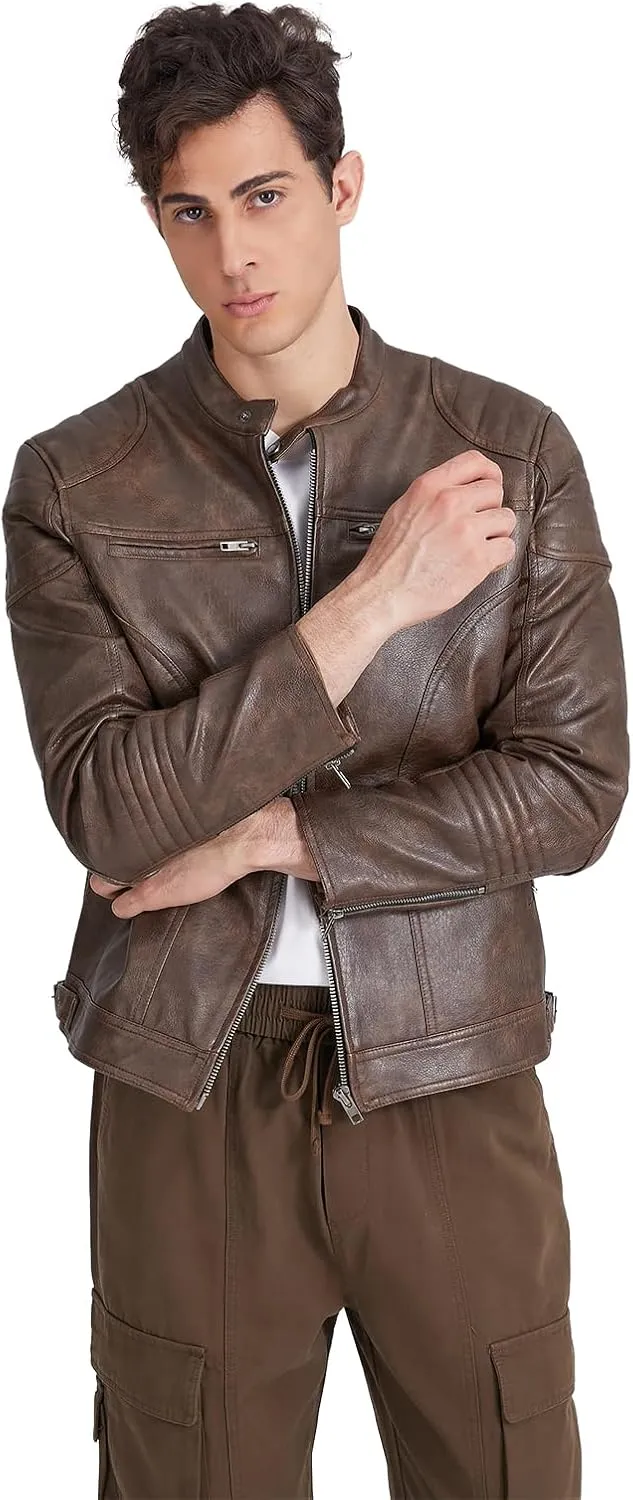 TZMAPU men's motorcycle PU leather jacket Punk style standing collar short jacket