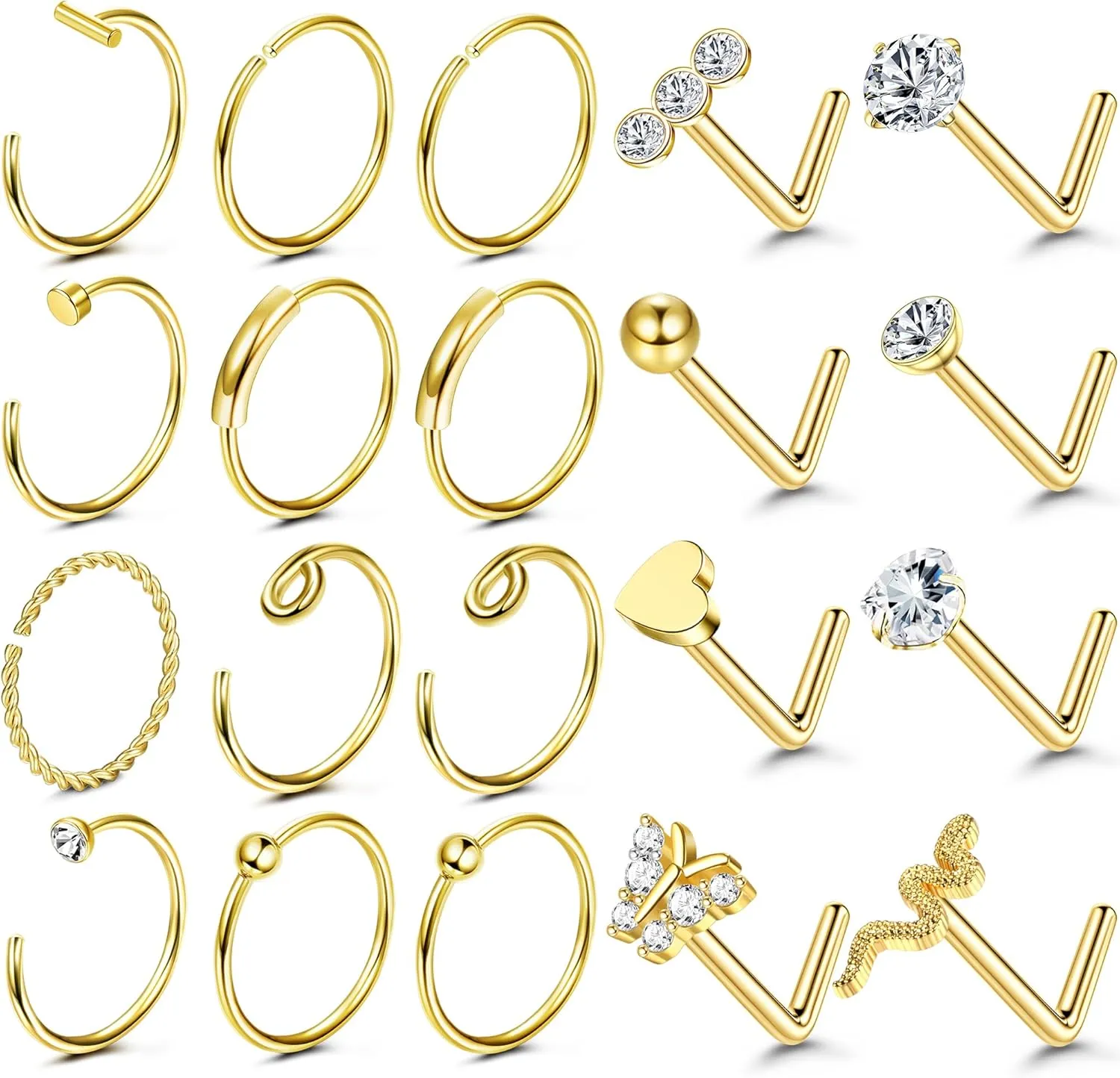UBGICIG 20 Pcs 20G Nose Rings Hoop Studs Sets for Women 316L Surgical Stainless Steel Screw Silver Gold Black Hypoallergenic Nostril Piercing Jewelry
