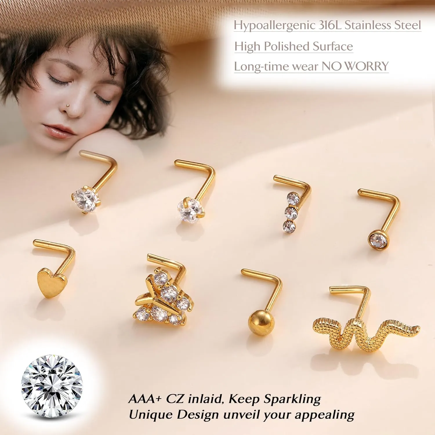UBGICIG 20 Pcs 20G Nose Rings Hoop Studs Sets for Women 316L Surgical Stainless Steel Screw Silver Gold Black Hypoallergenic Nostril Piercing Jewelry