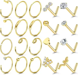 UBGICIG 20 Pcs 20G Nose Rings Hoop Studs Sets for Women 316L Surgical Stainless Steel Screw Silver Gold Black Hypoallergenic Nostril Piercing Jewelry