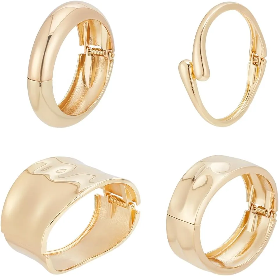 UNICRAFTALE 4Pcs 4 Styles Hinged Bangles Gold Chunky Hinged Bangle Bracelet Cuff Bangle Bracelets Stack Wide Hinged Thick Chain Wrap Bangles Bracelet Metal Wrist Cuff Bracelet for Women Gift