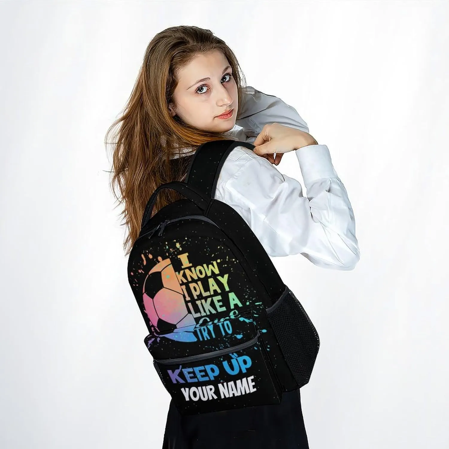UNIKITTY Personalized Kids Backpack for Girls, Soccer Backpack for School, 17" School Backpack for Teen, Black Cute Large Capacity Bookbag with Adjustable Straps