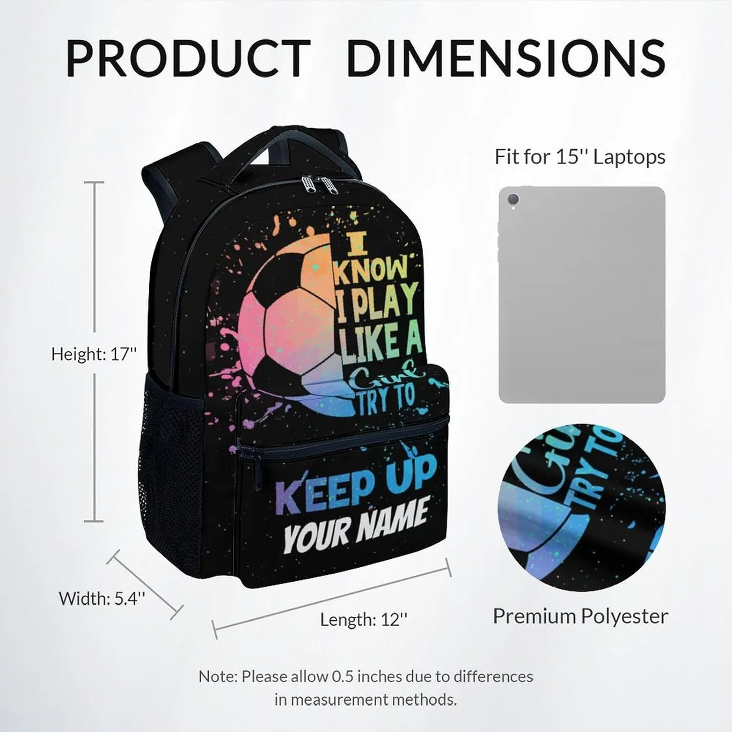 UNIKITTY Personalized Kids Backpack for Girls, Soccer Backpack for School, 17" School Backpack for Teen, Black Cute Large Capacity Bookbag with Adjustable Straps
