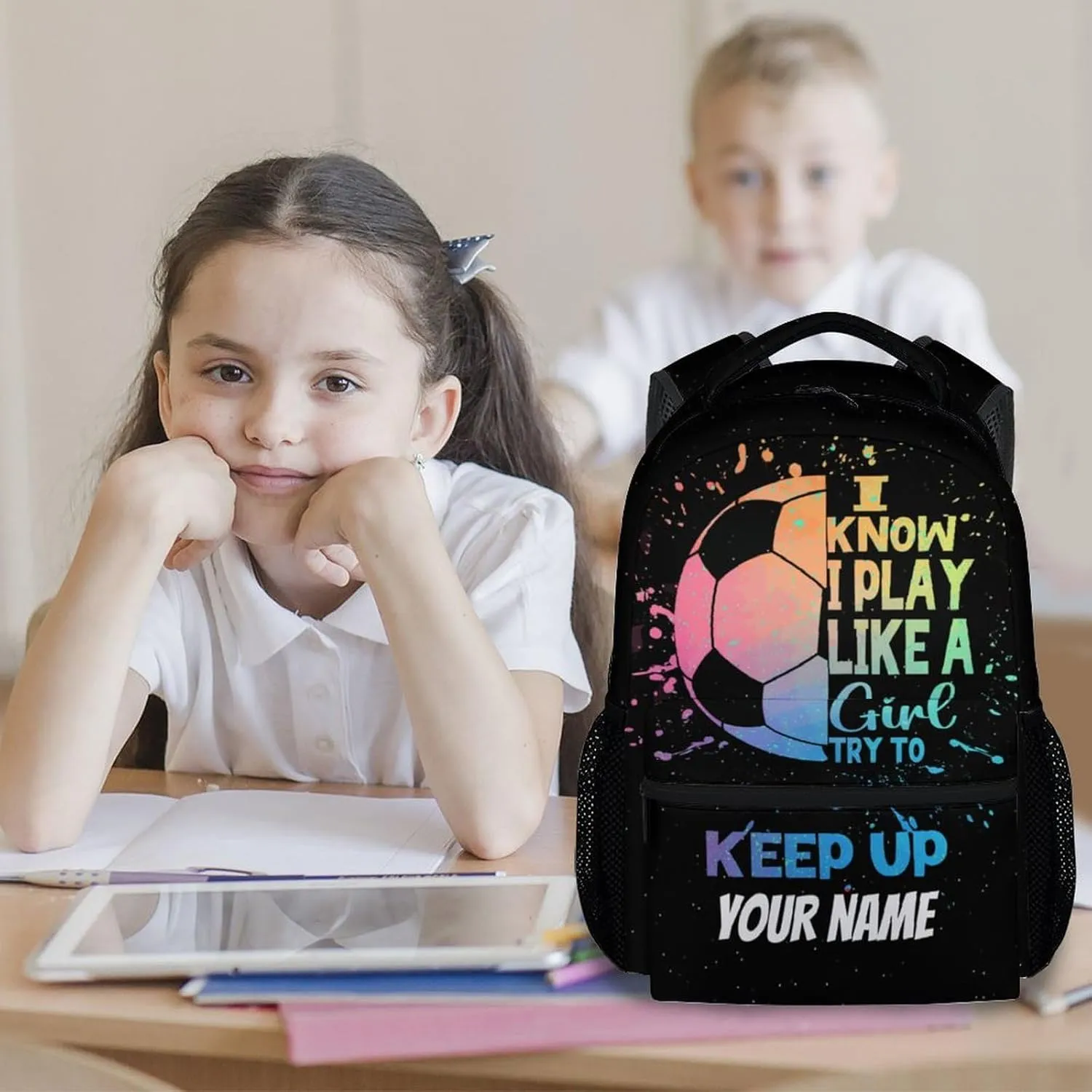 UNIKITTY Personalized Kids Backpack for Girls, Soccer Backpack for School, 17" School Backpack for Teen, Black Cute Large Capacity Bookbag with Adjustable Straps