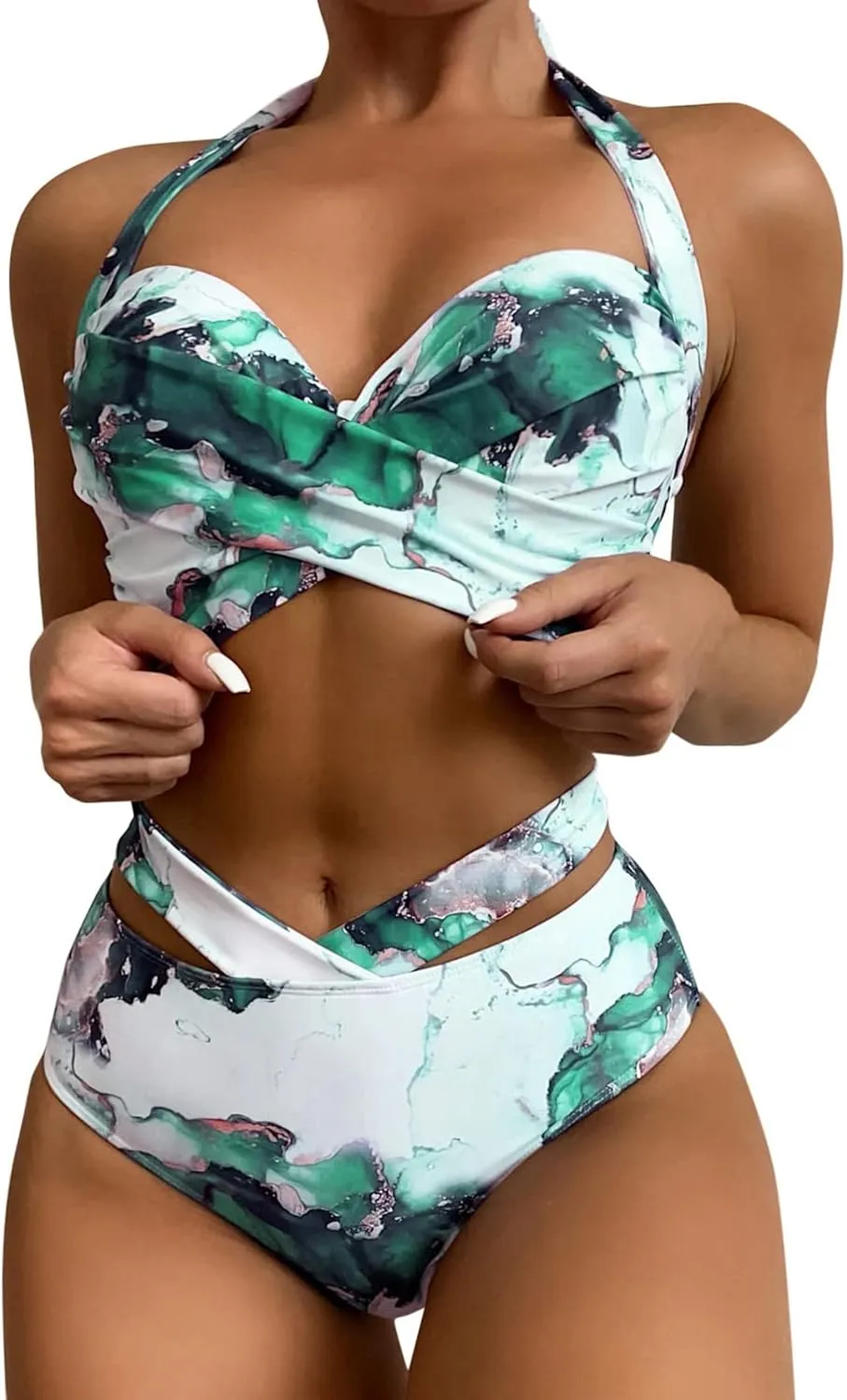 UOQAPRE Women Swimsuit with Cover Up Sporlike Two Piece Wrap Sarong Monokini Bikini Swimsuits Tummy Control Tankini Set