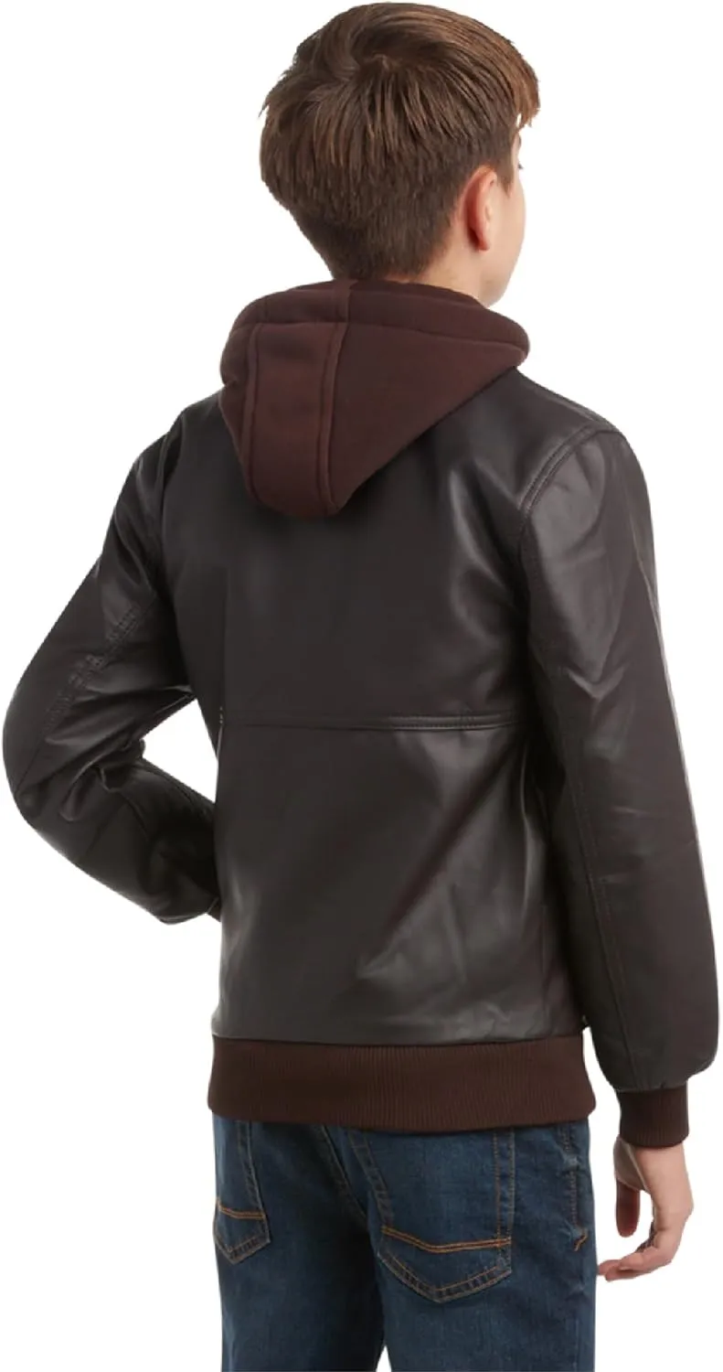 URBAN REPUBLIC Boys' Faux Leather Hooded Bomber Jacket - Fleece Lined Full Zip Casual Outerwear Jacket for Boys (Sizes:8-20)