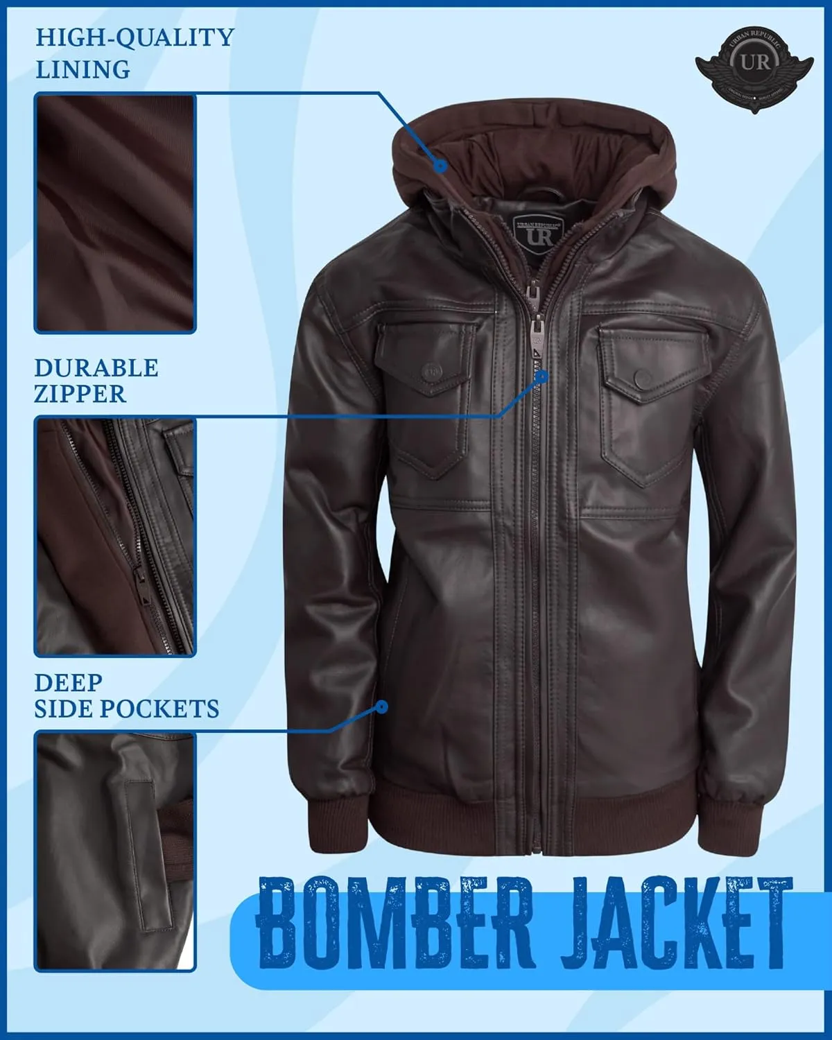 URBAN REPUBLIC Boys' Faux Leather Hooded Bomber Jacket - Fleece Lined Full Zip Casual Outerwear Jacket for Boys (Sizes:8-20)