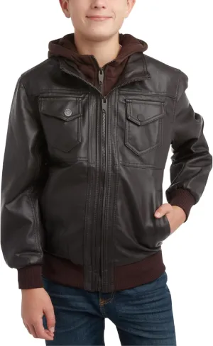 URBAN REPUBLIC Boys' Faux Leather Hooded Bomber Jacket - Fleece Lined Full Zip Casual Outerwear Jacket for Boys (Sizes:8-20)