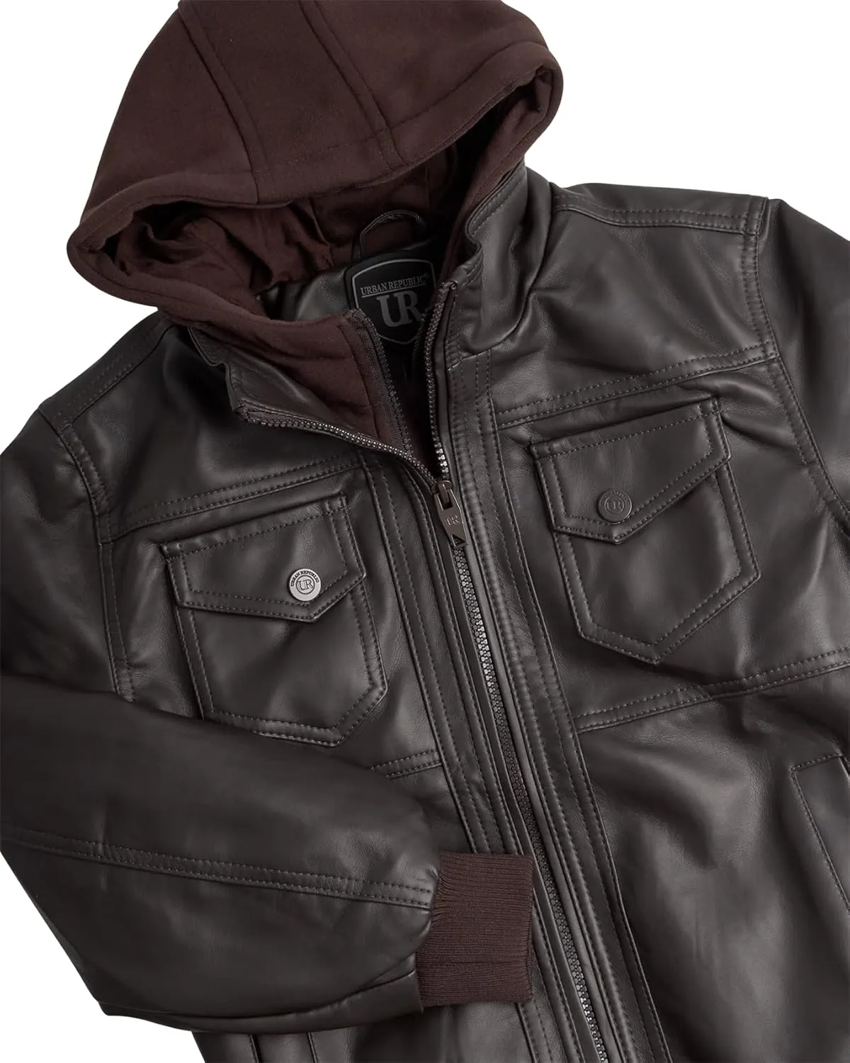 URBAN REPUBLIC Boys' Faux Leather Hooded Bomber Jacket - Fleece Lined Full Zip Casual Outerwear Jacket for Boys (Sizes:8-20)