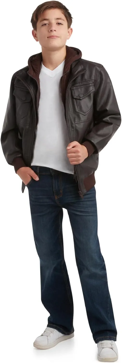 URBAN REPUBLIC Boys' Faux Leather Hooded Bomber Jacket - Fleece Lined Full Zip Casual Outerwear Jacket for Boys (Sizes:8-20)