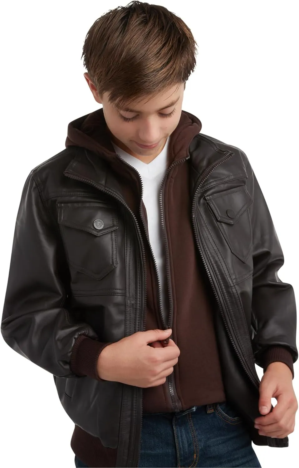 URBAN REPUBLIC Boys' Faux Leather Hooded Bomber Jacket - Fleece Lined Full Zip Casual Outerwear Jacket for Boys (Sizes:8-20)