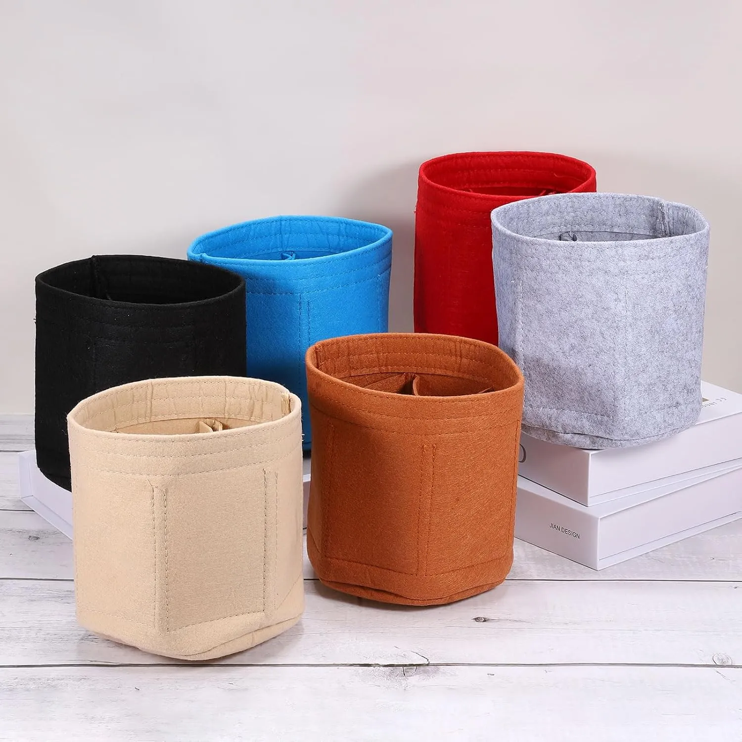 uxcell Purse Organizer Insert, Portable Felt Organizer Bags Round Multiple Compartments Purse Liner for Bucket Bag, Domed Satchel, Tote Bag, Handbag Shaper (8" x 4" x 5.5", Khaki)