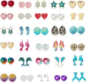 Various Ocean Marine Life Theme Pierced Stud Earrings Set of 30 Pairs-Multiple Crystal Pearls Seashell Starfish Fish Scale Scallop Fishtail Dolphin Earrings for Women Summer Beach Jewelry
