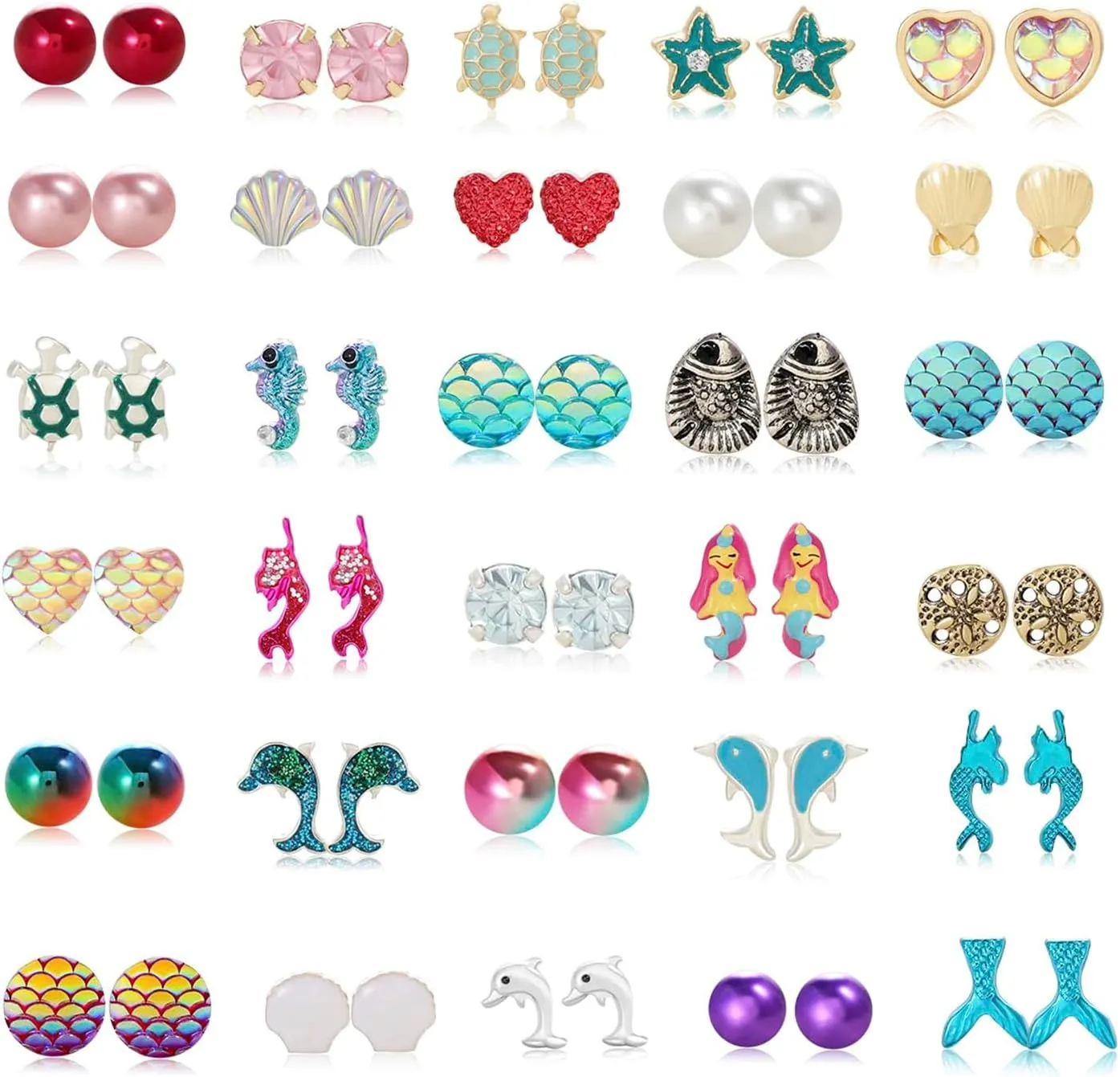 Various Ocean Marine Life Theme Pierced Stud Earrings Set of 30 Pairs-Multiple Crystal Pearls Seashell Starfish Fish Scale Scallop Fishtail Dolphin Earrings for Women Summer Beach Jewelry
