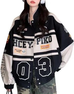 Varsity Jacket for Women Patchwork Long Sleeve Racing Bomber Letterman Jackets Color Block Y2k Vintage Streetwear