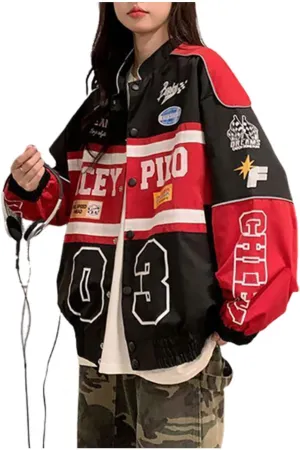 Varsity Jacket for Women Patchwork Long Sleeve Racing Bomber Letterman Jackets Color Block Y2k Vintage Streetwear