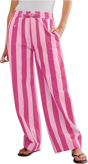 Vertical Striped Wide Leg Pants Womens Vintage High Waist Loungewear Pant Fashion Casual Loose Fit Pocketed Trousers