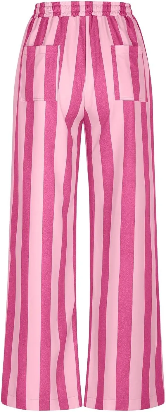 Vertical Striped Wide Leg Pants Womens Vintage High Waist Loungewear Pant Fashion Casual Loose Fit Pocketed Trousers