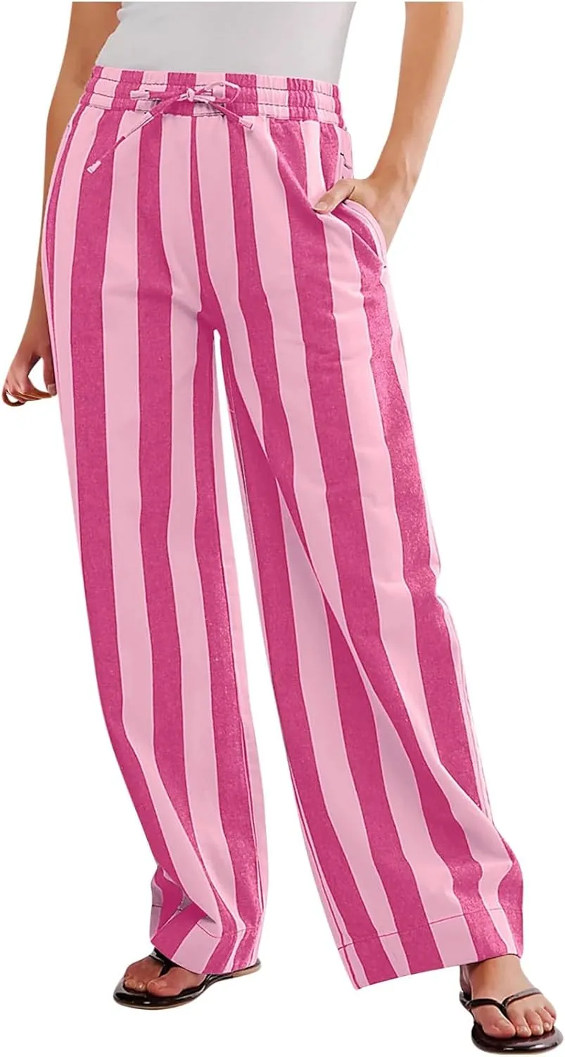 Vertical Striped Wide Leg Pants Womens Vintage High Waist Loungewear Pant Fashion Casual Loose Fit Pocketed Trousers