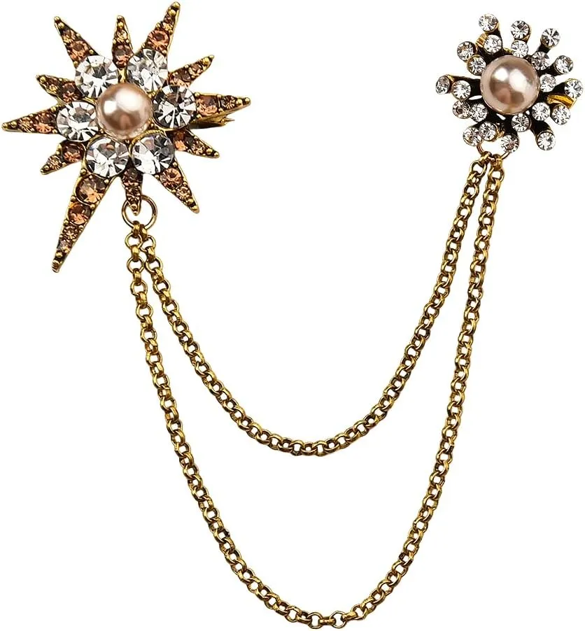Vintage Crystal Brooch Pin Gold Rhinestone Star Pearl Lapel Pin for Men Women Hanging Chain Collar Pin Brooch Tassel Elegant Sweater Cloak Brooch Tie Suit Pin Statement Jewelry Accessories