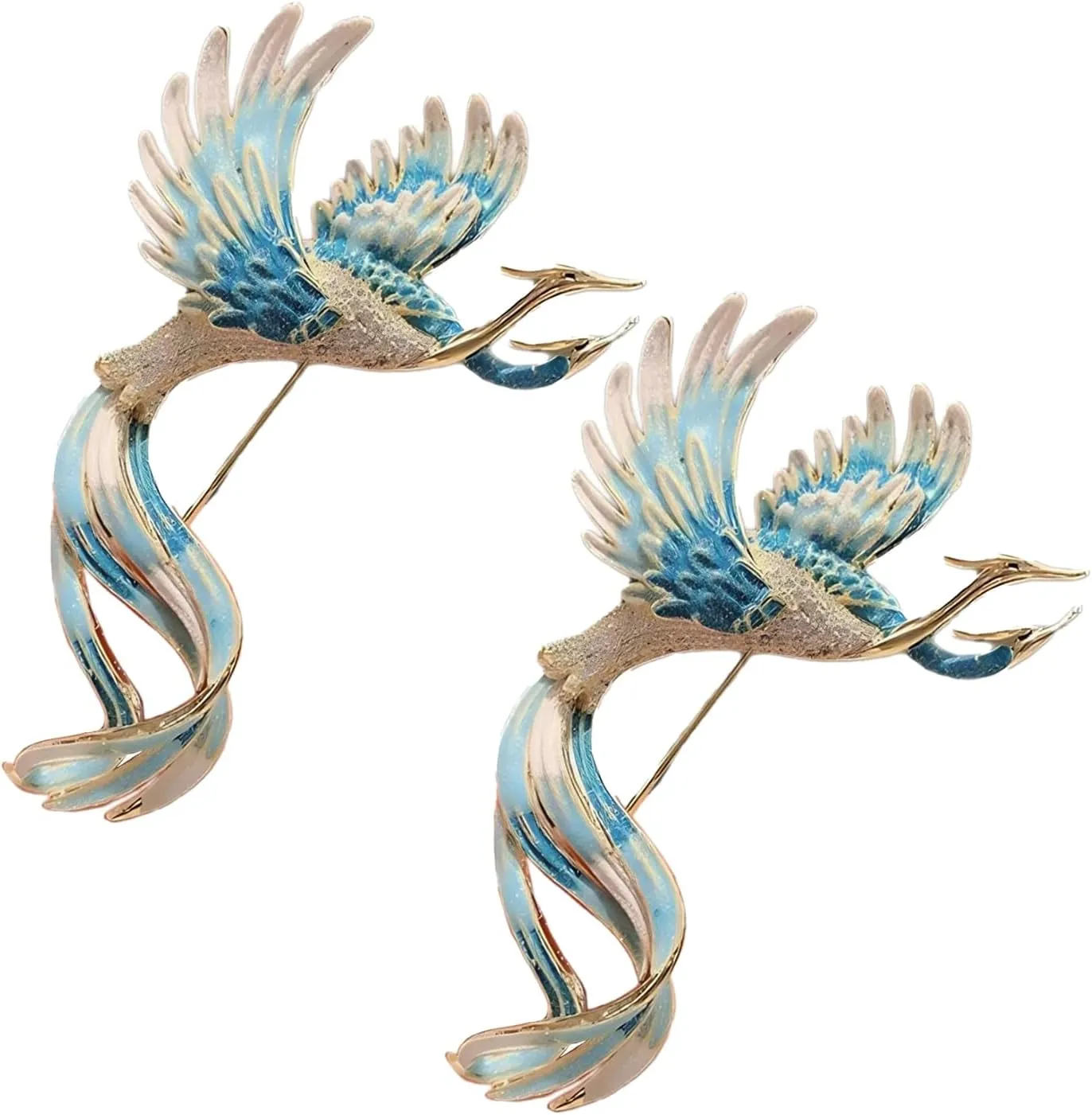 Vintage Enamel Phoenix Brooch Pin, Blue and Gold, Chinese Style Collar Pin for Women