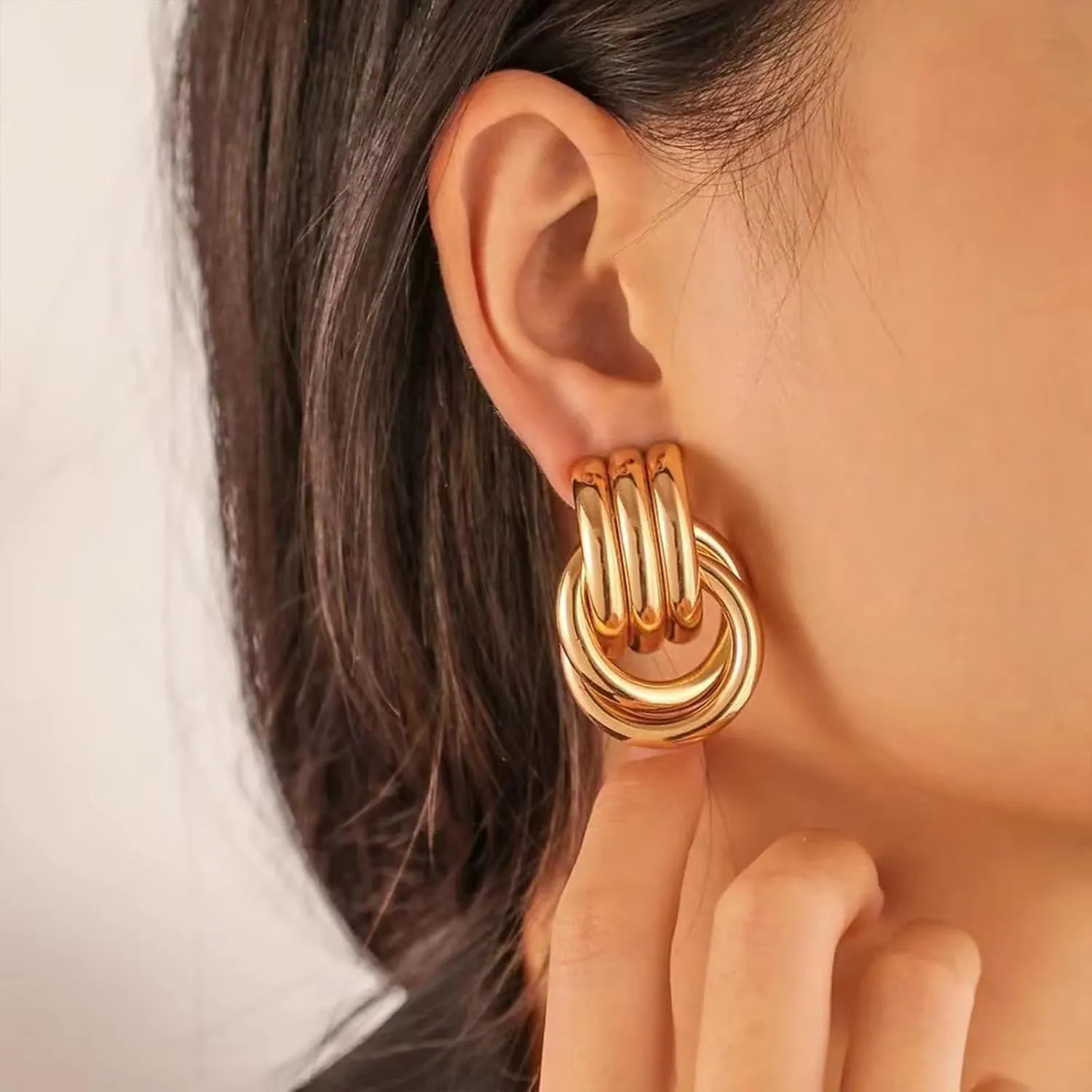 Vintage Geometric Dangle Drop Chunky Gold Knot Door Knocker Statement Earrings for Women - Fashion Jewelry