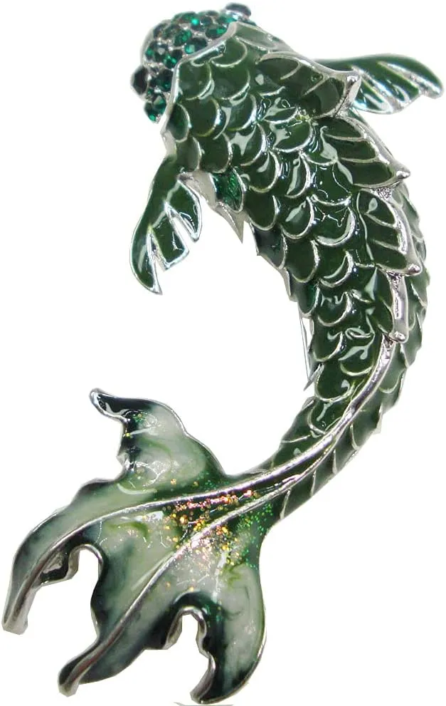 Vintage Green Fish Woman's Brooch Pin Rhinestone Crystal Animal Silver Tone