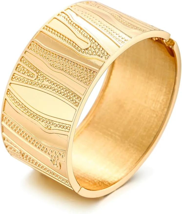 Vintage Textured Wide Chunky Bangle Bracelets for Women Dainty Bohemian African Indian 14K Yellow Gold Silver Plated Cuff Wrist Open Bangles Statement Fashion Unique Exaggerate Trendy Jewelry Gift