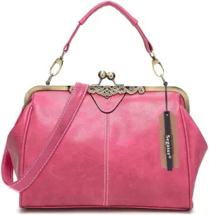 Vintage Women Tote BagsSmall Retro Handbags Kiss Lock Crossbody Bags Purse Frosted Leather Messenger Bag