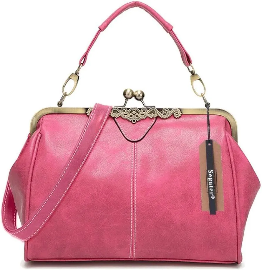 Vintage Women Tote BagsSmall Retro Handbags Kiss Lock Crossbody Bags Purse Frosted Leather Messenger Bag