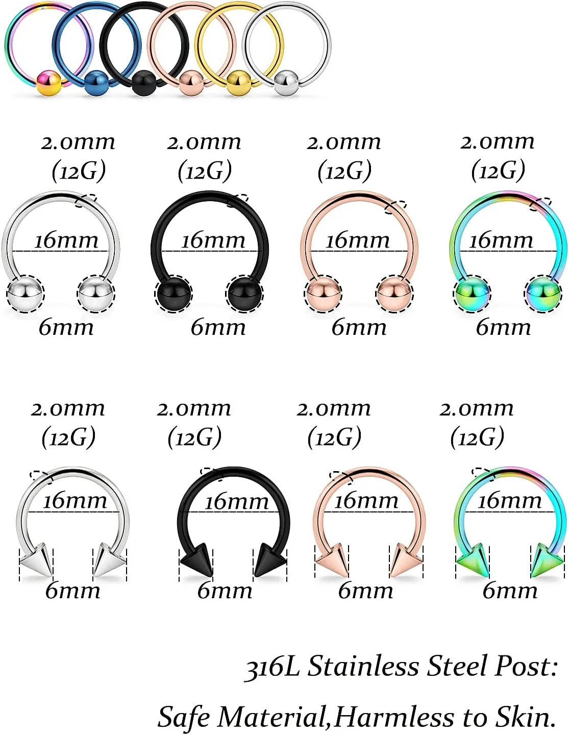 Vsnnsns 12G & 16G Septum Rings - Surgical Steel Septum Piercing Jewelry Horseshoe & Snake Bite Rings, Daith Rook Earrings for Women & Men