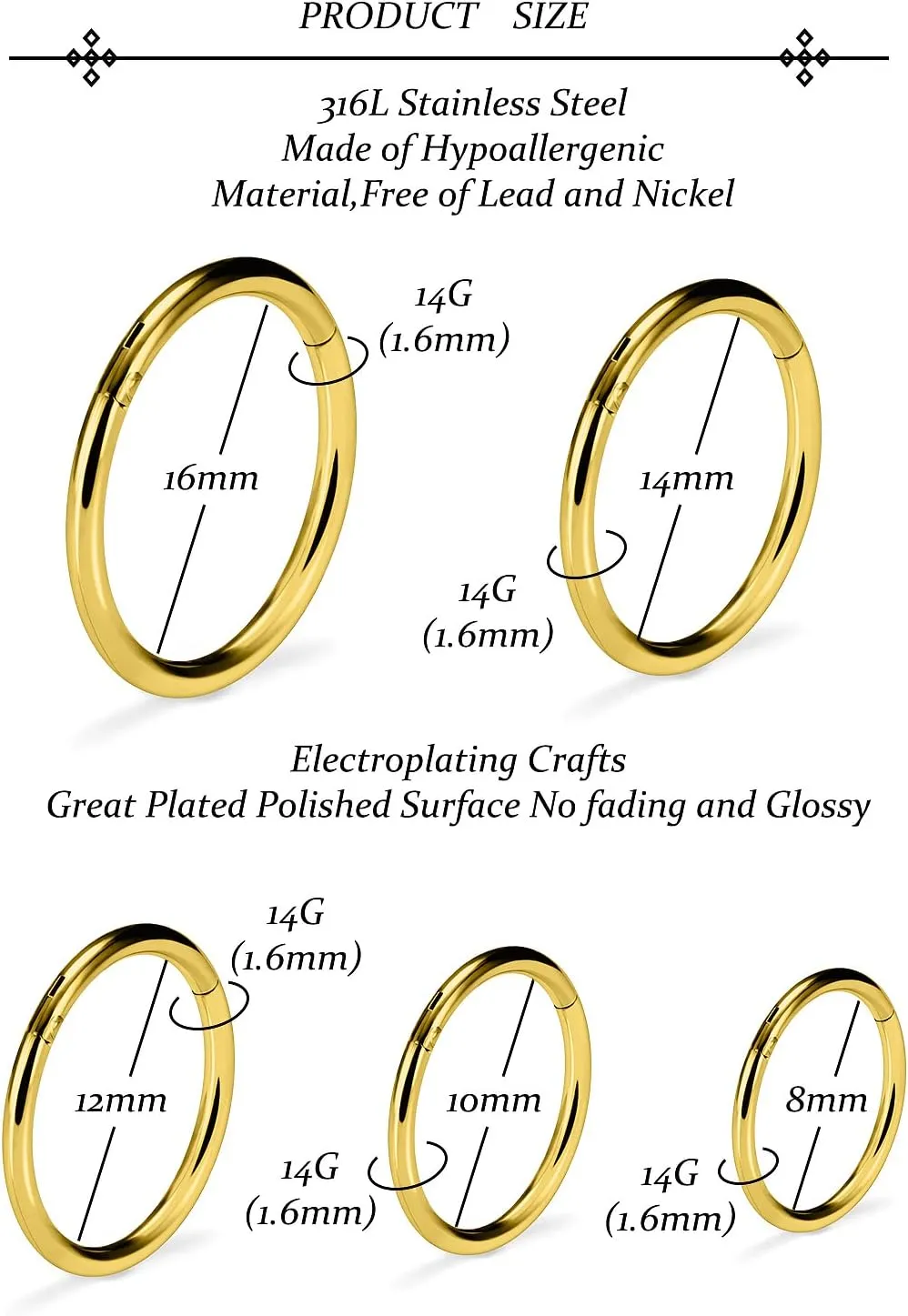 Vsnnsns 14G 16G Septum Nose Rings Hoops Lip Ring Piercing Jewelry 316L Surgical Steel Hinged Segment Clicker Cartilage Tragus Helix Conch Rook Daith Lobe Earrings Hoops Piercing Jewelry for Women Men