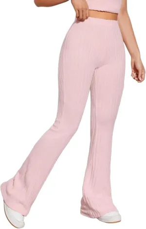 WDIRARA Women's Elastic High Waist Pants Knit Textured Bell Bottom Leg Casual Trousers