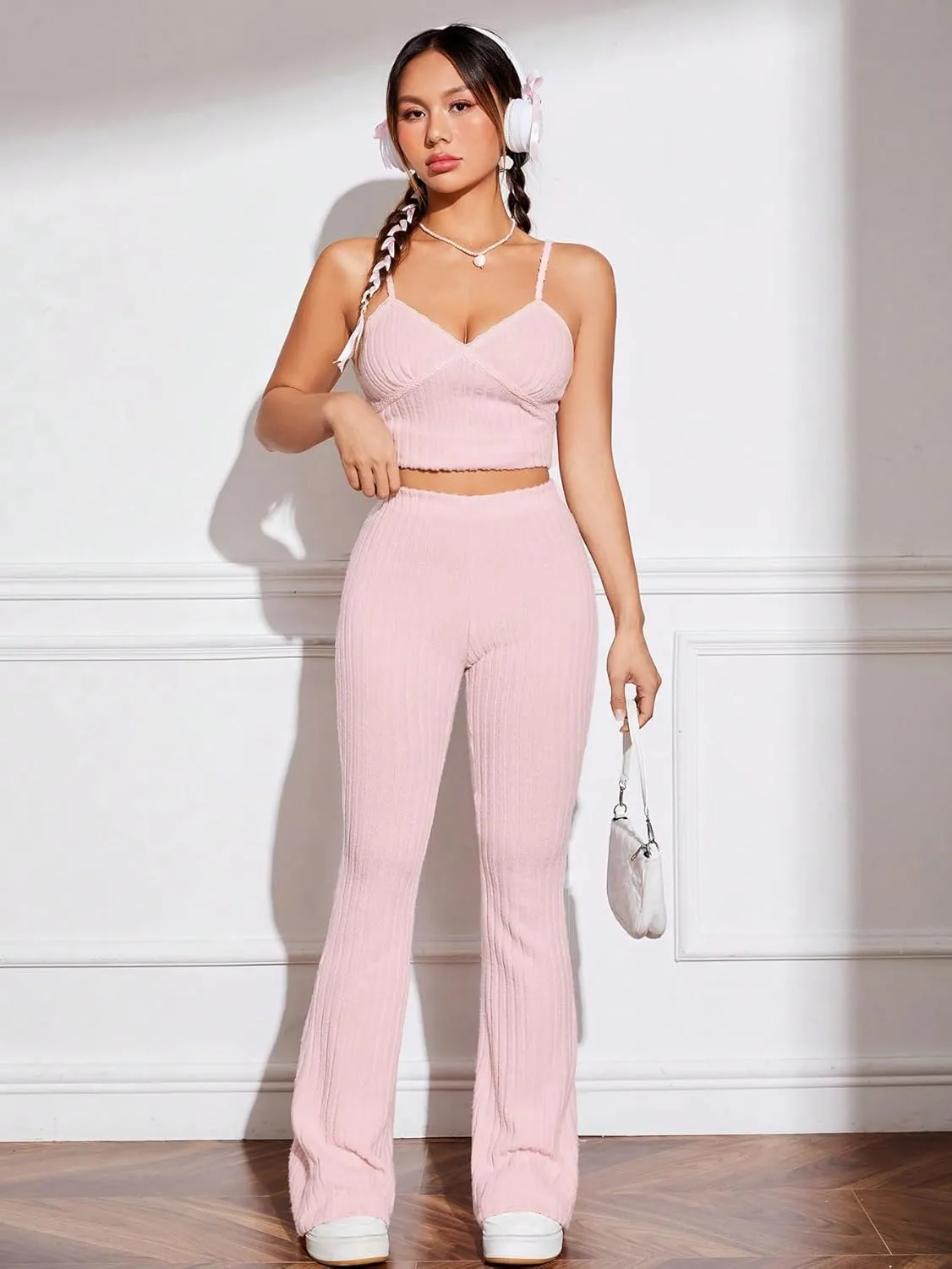 WDIRARA Women's Elastic High Waist Pants Knit Textured Bell Bottom Leg Casual Trousers