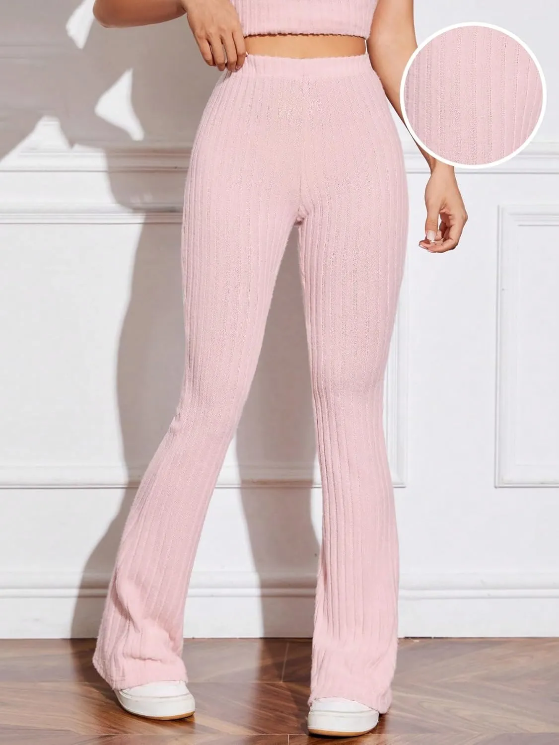 WDIRARA Women's Elastic High Waist Pants Knit Textured Bell Bottom Leg Casual Trousers