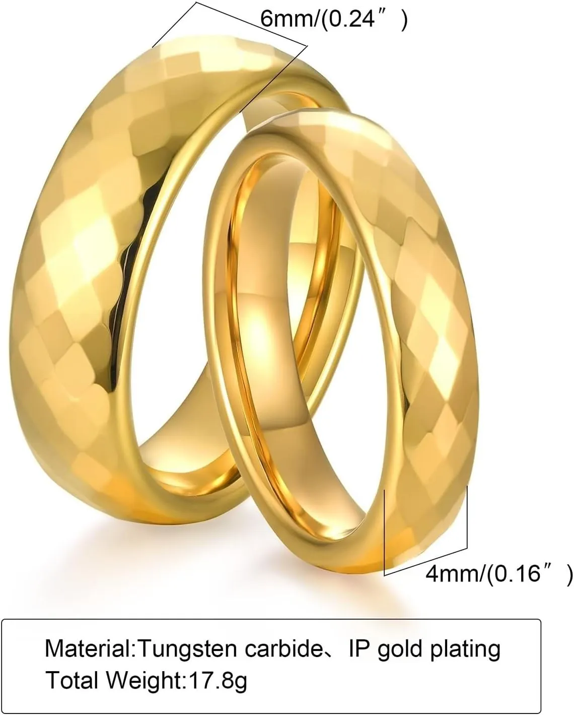 Wedding Rings Sets for Couples, Tungsten Anniversary Rings for Couple Comfort Fit Multi-faceted Gold Ring 4mm 6mm