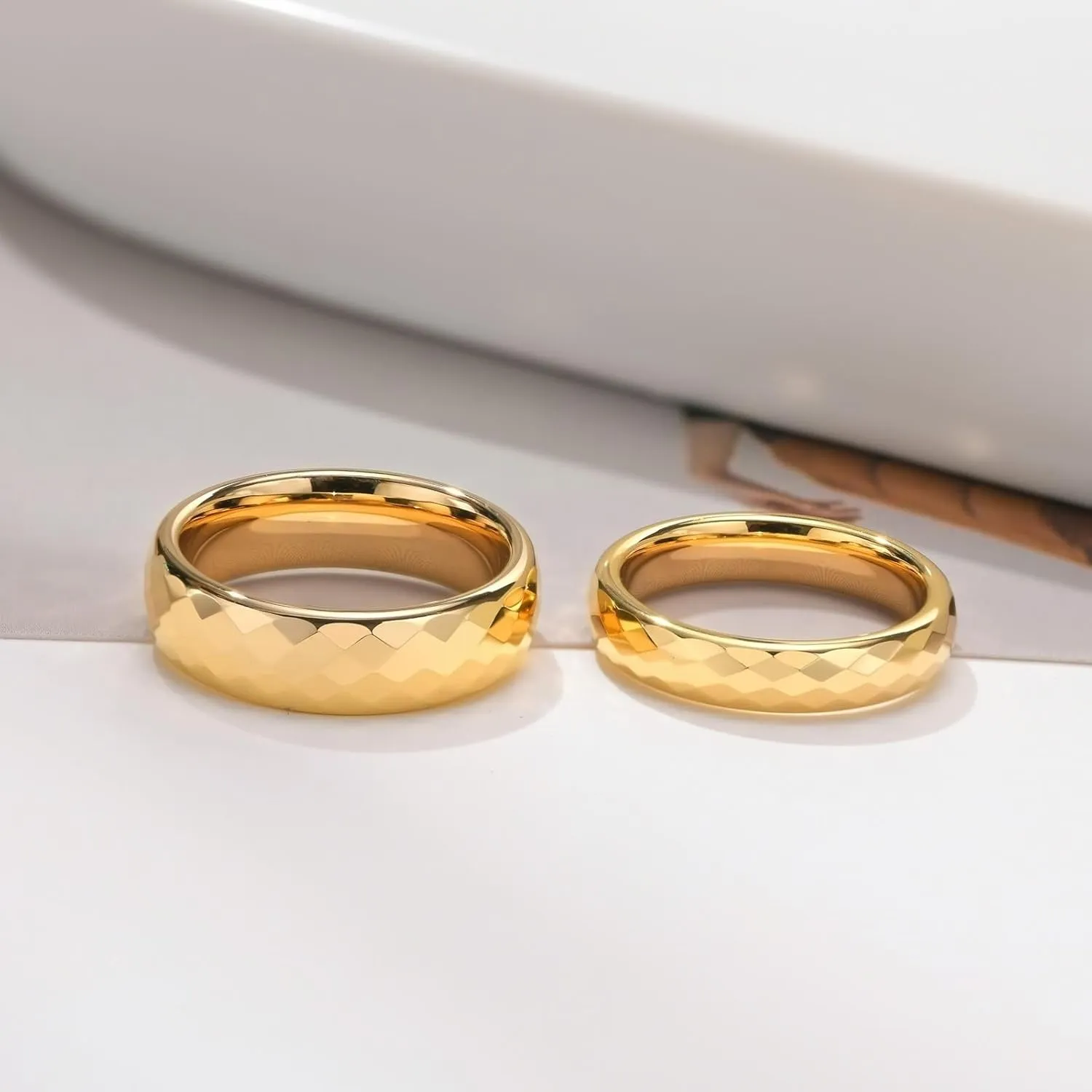 Wedding Rings Sets for Couples, Tungsten Anniversary Rings for Couple Comfort Fit Multi-faceted Gold Ring 4mm 6mm