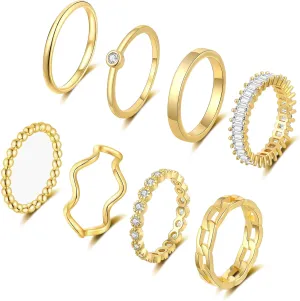 WFYOU Gold Rings for Women Non Tarnish 8PCS 14K Gold Plated Stacking Ring for Women Band Simple Cute Stackable Knuckle Silver Rings for Women Dainty Gold Statement Ring Set Size 4-11 Jewelry