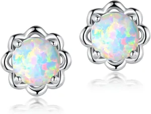 White Gold Plated Flower Opal Stud Earrings Hypoallergenic Jewelry Gift for Women