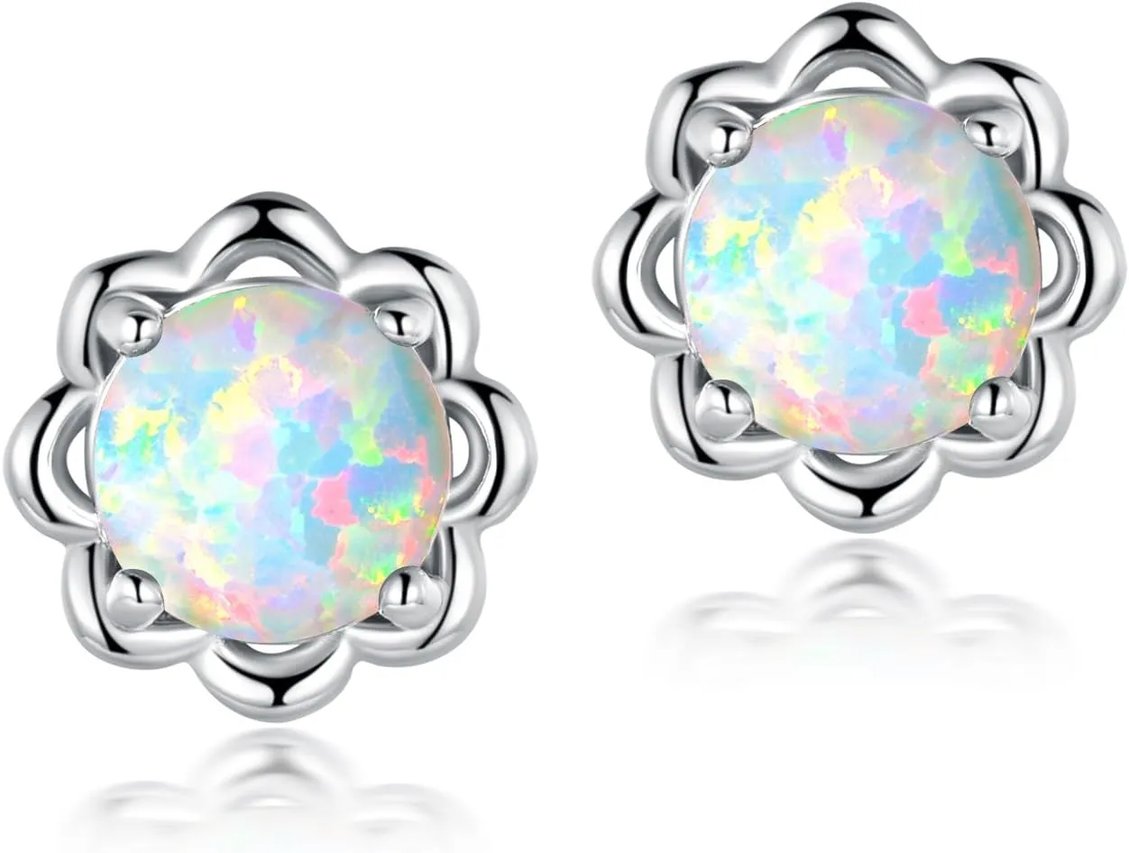 White Gold Plated Flower Opal Stud Earrings Hypoallergenic Jewelry Gift for Women