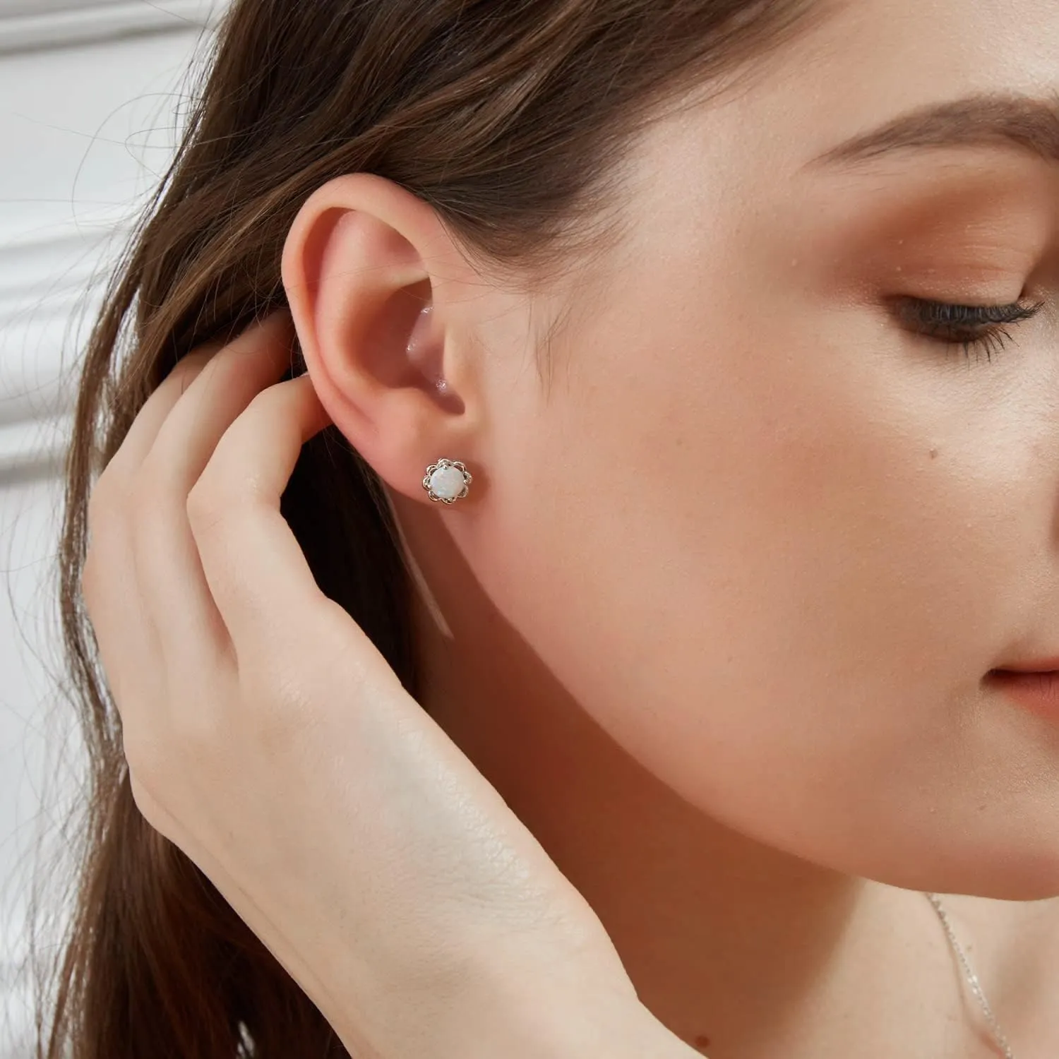 White Gold Plated Flower Opal Stud Earrings Hypoallergenic Jewelry Gift for Women