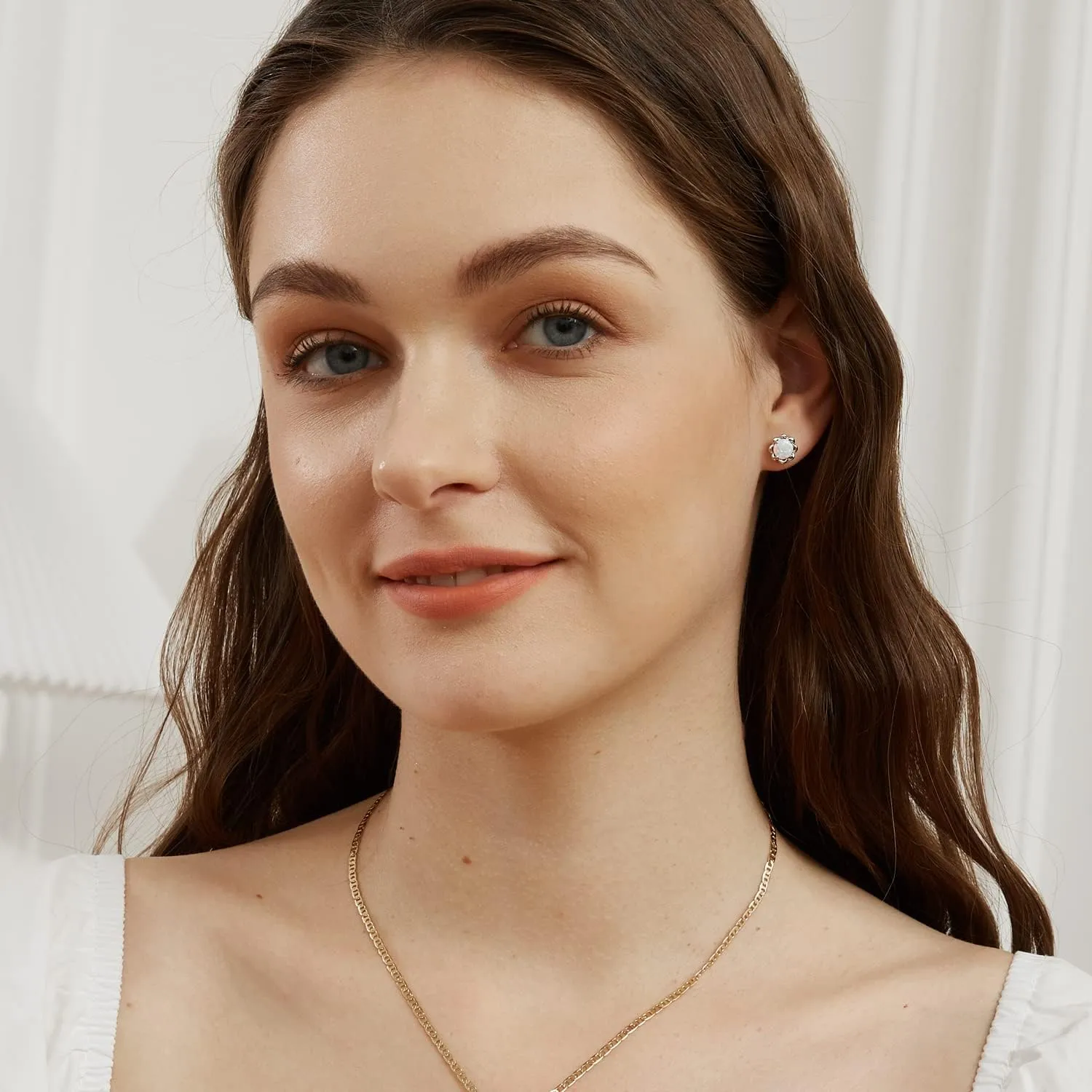 White Gold Plated Flower Opal Stud Earrings Hypoallergenic Jewelry Gift for Women