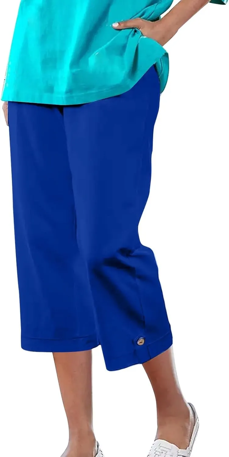 Wide Leg Pants Woman High Waisted Trendy Cropped Pants Elastic Waist Loose Fit Pants Palazzo with Pockets