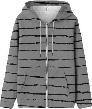 Winter Coats for Women 2024 Trendy Striped Hoodies Long Sleeve Cardigan Jackets Full Zip Drawstring Sweatshirt
