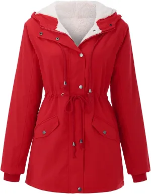 Winter Jackets for Women Drawstring Hooded Sweatshirt Coats Fuzzy Fleece Padded Slim Fit Zip Up Jacket with Pockets