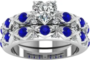 Women 2PCS Inlaid Zircon Proposal Rings Set Heart Shaped Simulated Diamond Bridal Wedding Band Elegant Ring (2-Blue, 9)