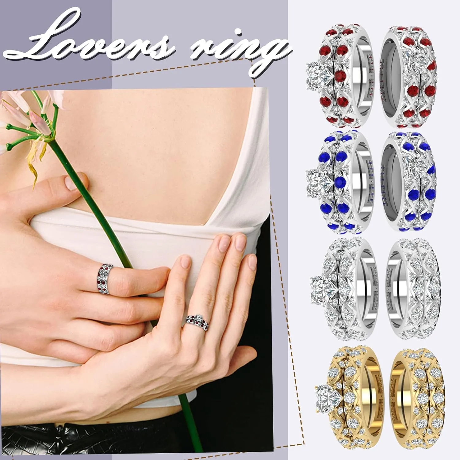 Women 2PCS Inlaid Zircon Proposal Rings Set Heart Shaped Simulated Diamond Bridal Wedding Band Elegant Ring (2-Blue, 9)