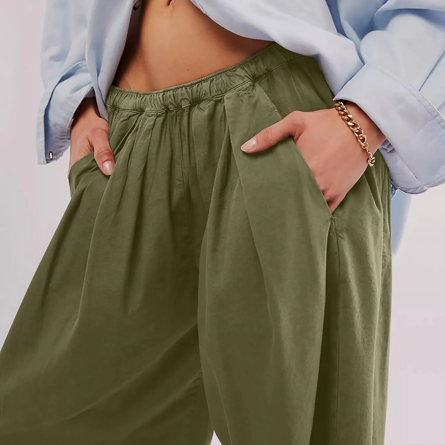Women Cotton Linen Pants Summer Elastic High Waist Wide Leg Casual Pants 2024 Beach Travel Trousers Vacation Outfits