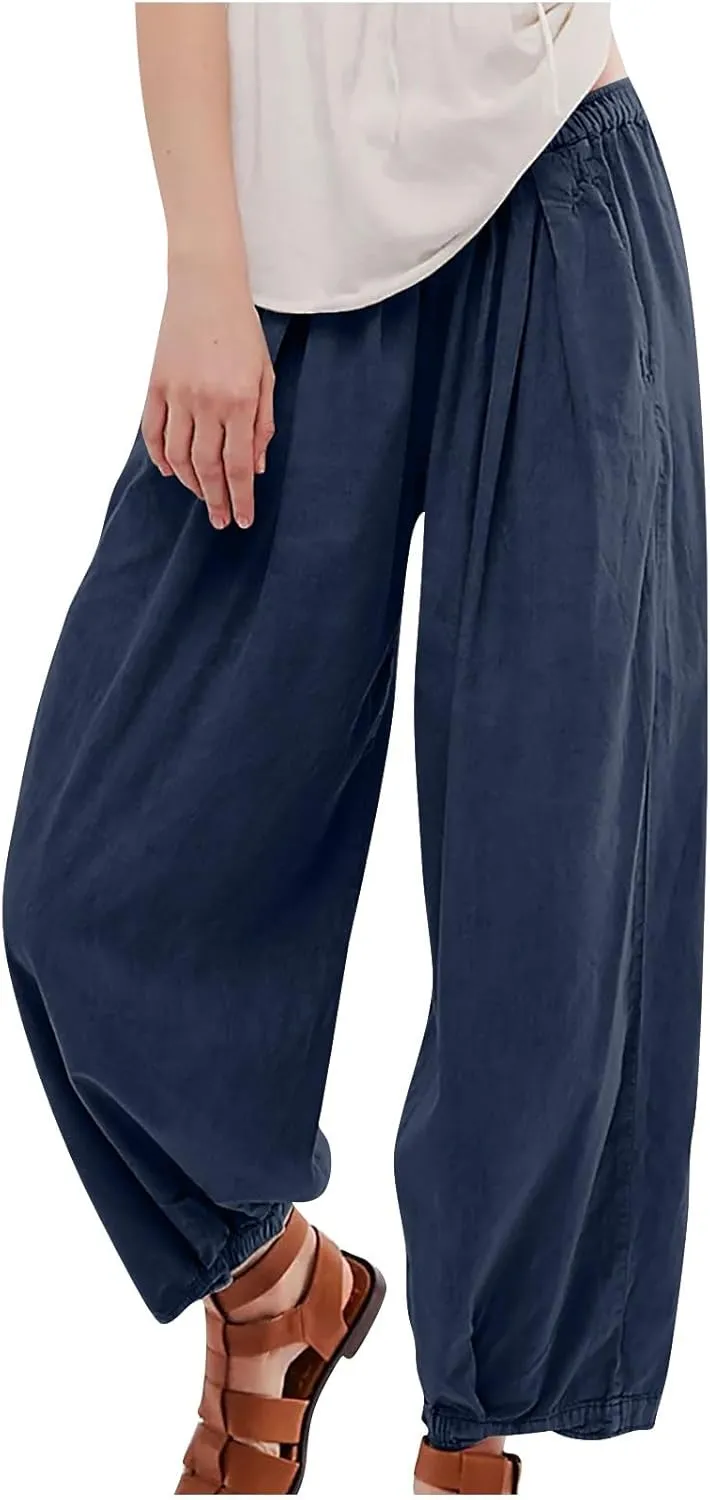 Women Cotton Linen Pants Summer Elastic High Waist Wide Leg Casual Pants 2024 Beach Travel Trousers Vacation Outfits