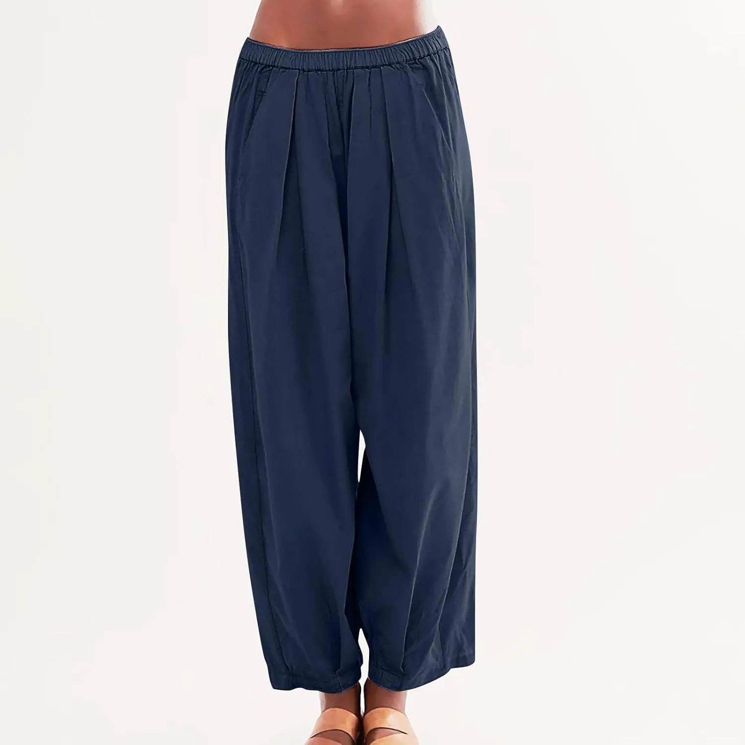 Women Cotton Linen Pants Summer Elastic High Waist Wide Leg Casual Pants 2024 Beach Travel Trousers Vacation Outfits